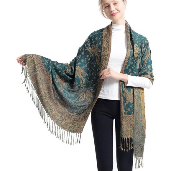 Two Tone Silky Paisley Pashmina Shawl Scarf,Soft Women's Rave Jacquard - Picture 7 of 7